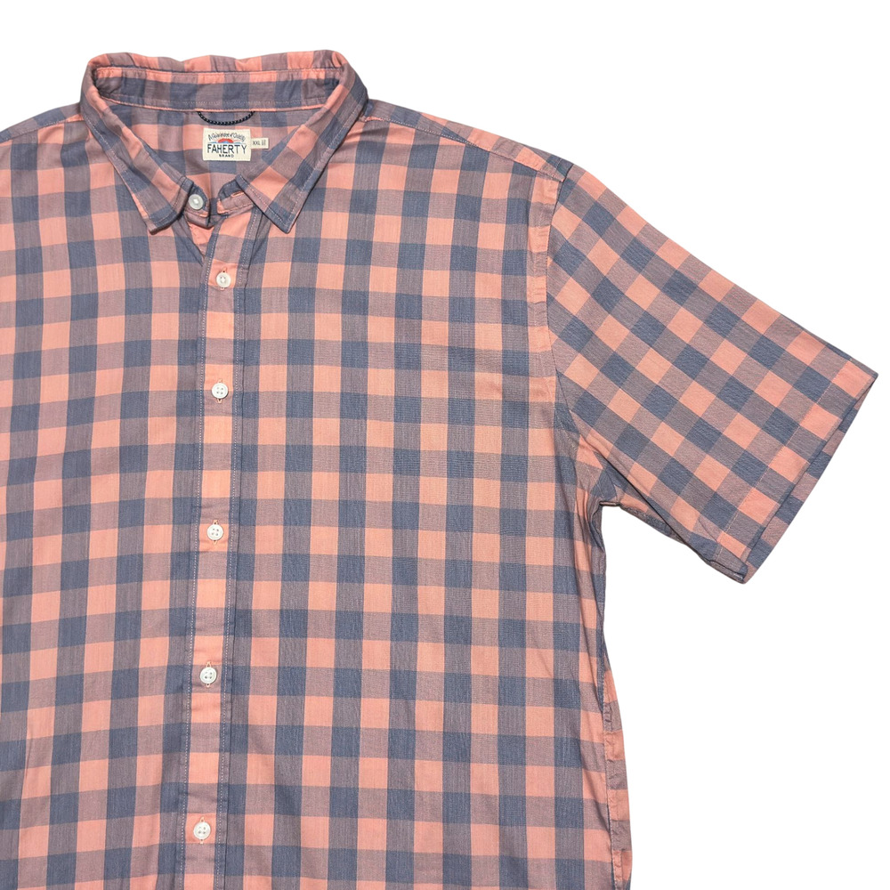 Faherty Short Sleeve Movement Shirt Mens XXL Coral Blue Gingham Soft Camp Shirt